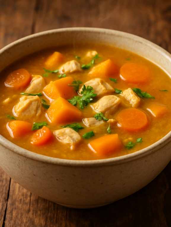 Sopa sem açúcar para marmita com frango, abóbora e legumes em tigela de cerâmica