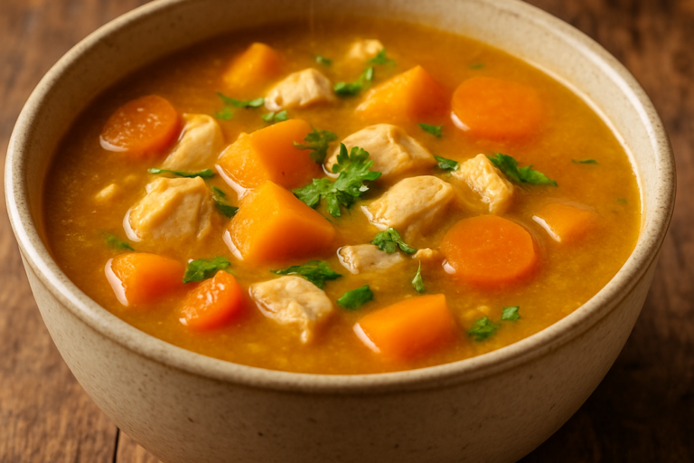 Sopa sem açúcar para marmita com frango, abóbora e legumes em tigela de cerâmica