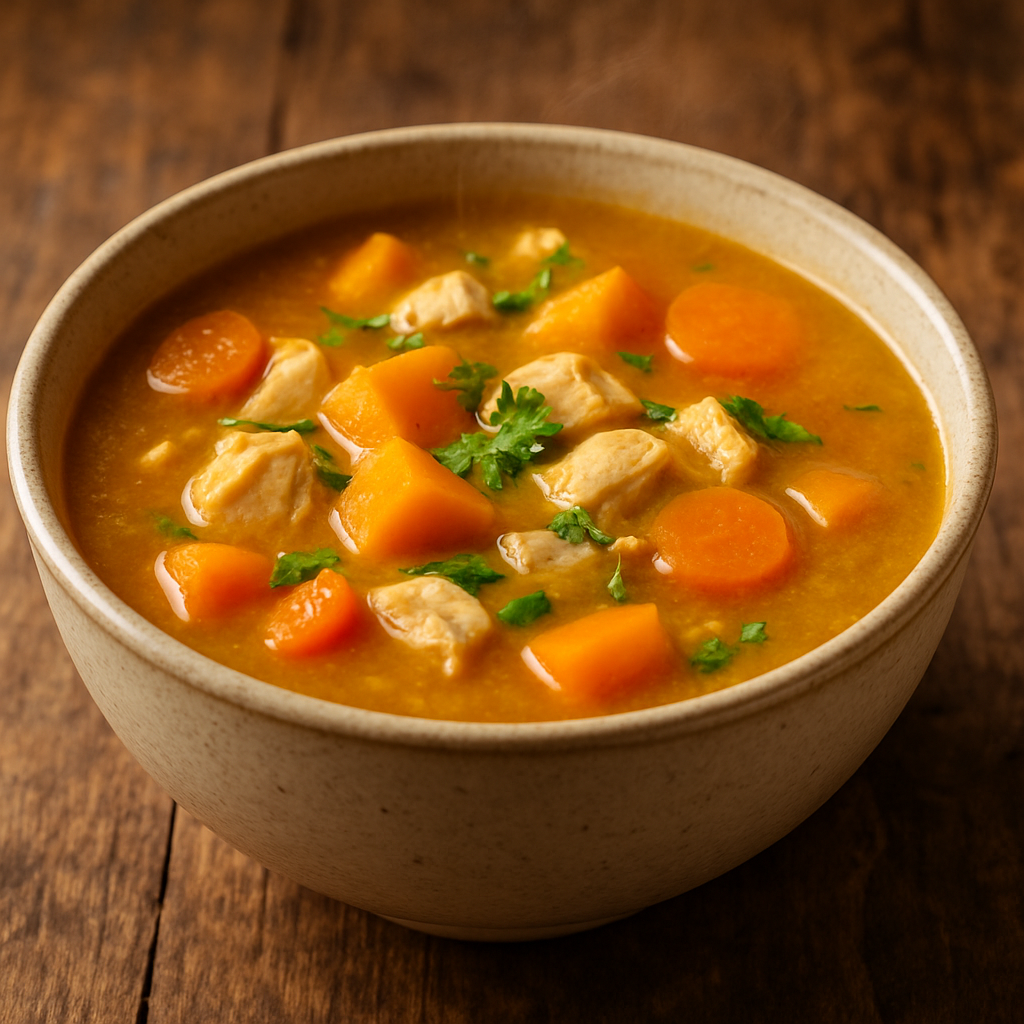 Sopa sem açúcar para marmita com frango, abóbora e legumes em tigela de cerâmica