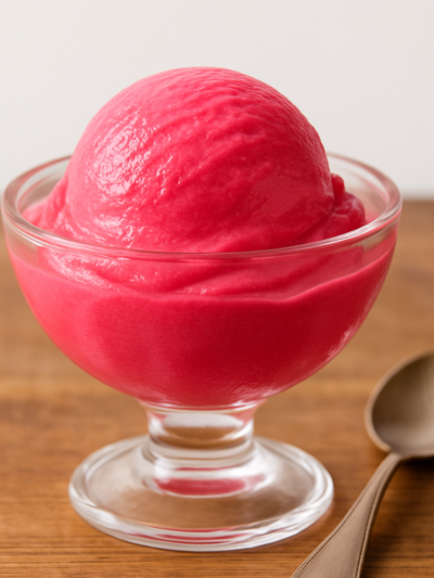 sorvete de gelatina cremoso de morango servido em taça de vidro com textura aveludada