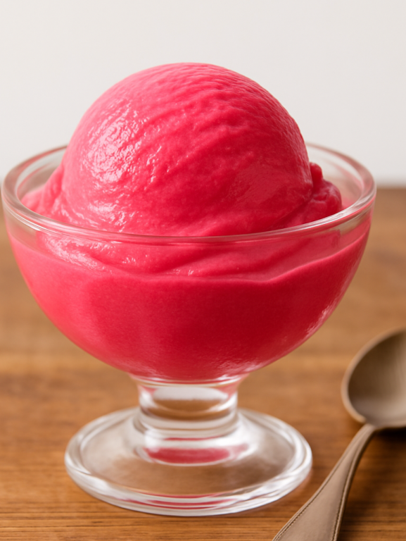 sorvete de gelatina cremoso de morango servido em taça de vidro com textura aveludada