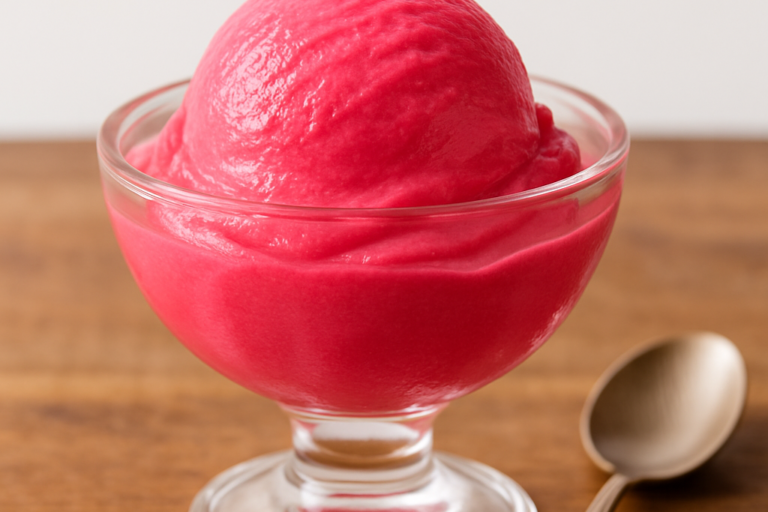 sorvete de gelatina cremoso de morango servido em taça de vidro com textura aveludada