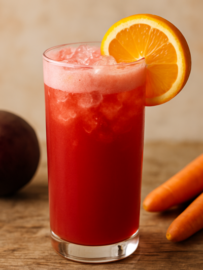 Copo de suco de laranja beterraba e cenoura de cor vermelha vibrante com gelo e rodela de laranja na borda