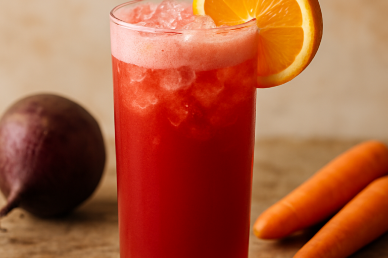 Copo de suco de laranja beterraba e cenoura de cor vermelha vibrante com gelo e rodela de laranja na borda