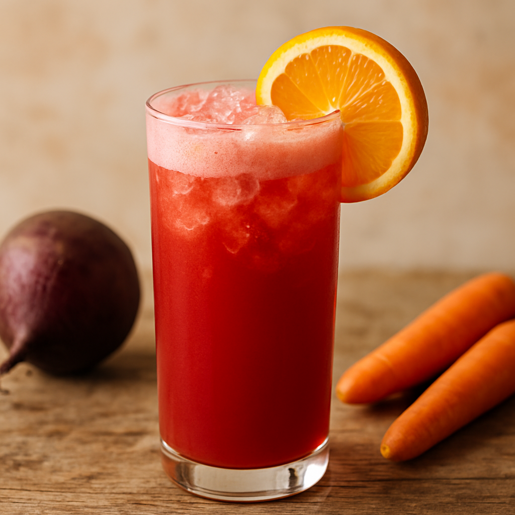 Copo de suco de laranja beterraba e cenoura de cor vermelha vibrante com gelo e rodela de laranja na borda