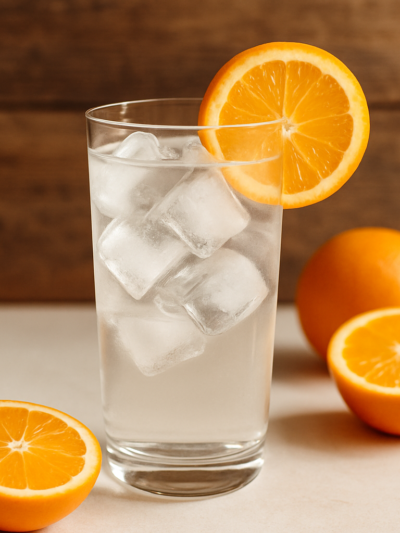 copo de suco de laranja branco transparente com gelo e rodela de laranja na borda