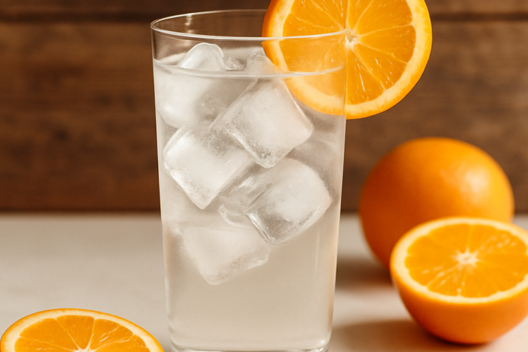 copo de suco de laranja branco transparente com gelo e rodela de laranja na borda