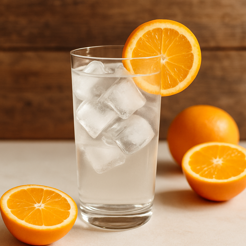 copo de suco de laranja branco transparente com gelo e rodela de laranja na borda