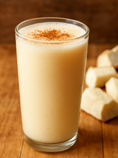 copo de suco de mandioca cremoso com canela servido em copo de vidro alto