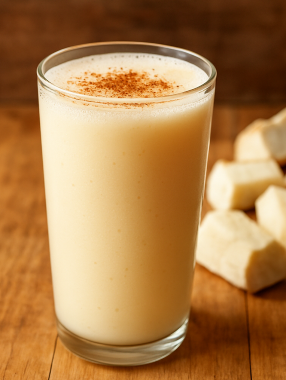 copo de suco de mandioca cremoso com canela servido em copo de vidro alto