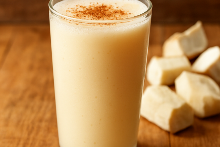 copo de suco de mandioca cremoso com canela servido em copo de vidro alto