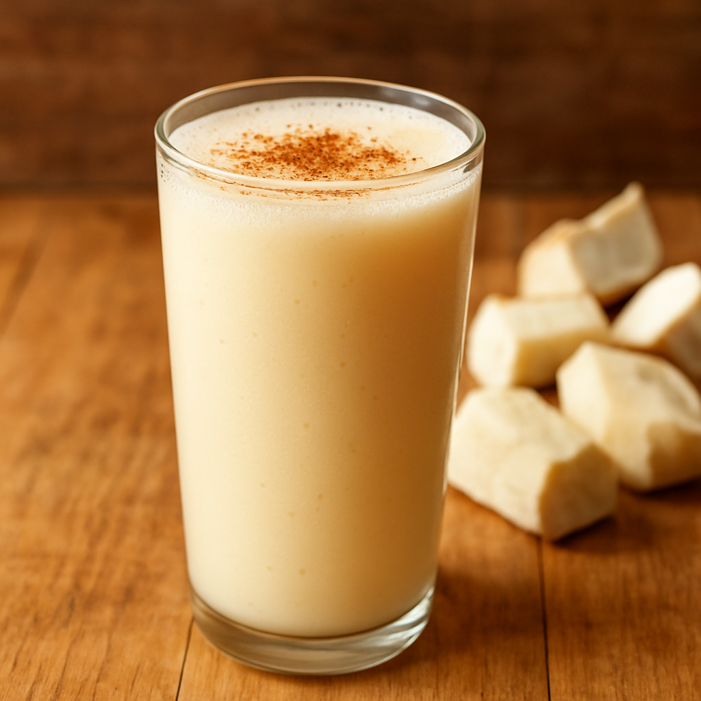 copo de suco de mandioca cremoso com canela servido em copo de vidro alto