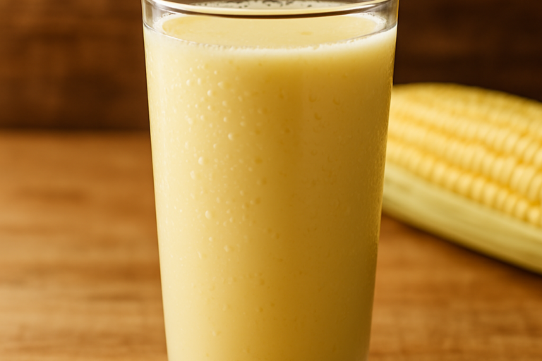 copo de suco de milho verde cremoso e gelado servido em copo transparente