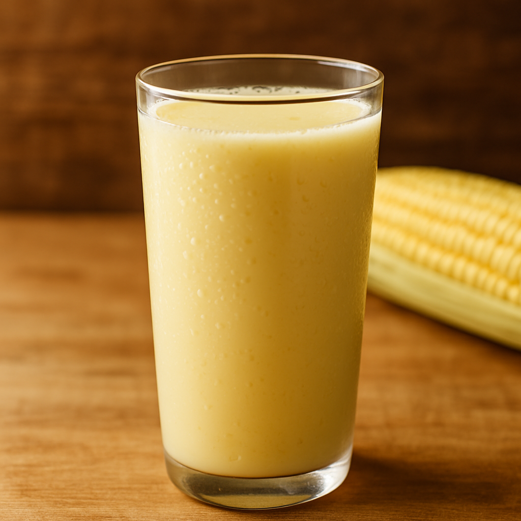 copo de suco de milho verde cremoso e gelado servido em copo transparente