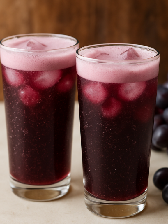 dois copos de suco de uva cremoso gelado com espuma e bolhinhas de gás, servidos em copo transparente