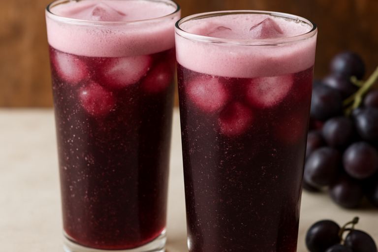 dois copos de suco de uva cremoso gelado com espuma e bolhinhas de gás, servidos em copo transparente