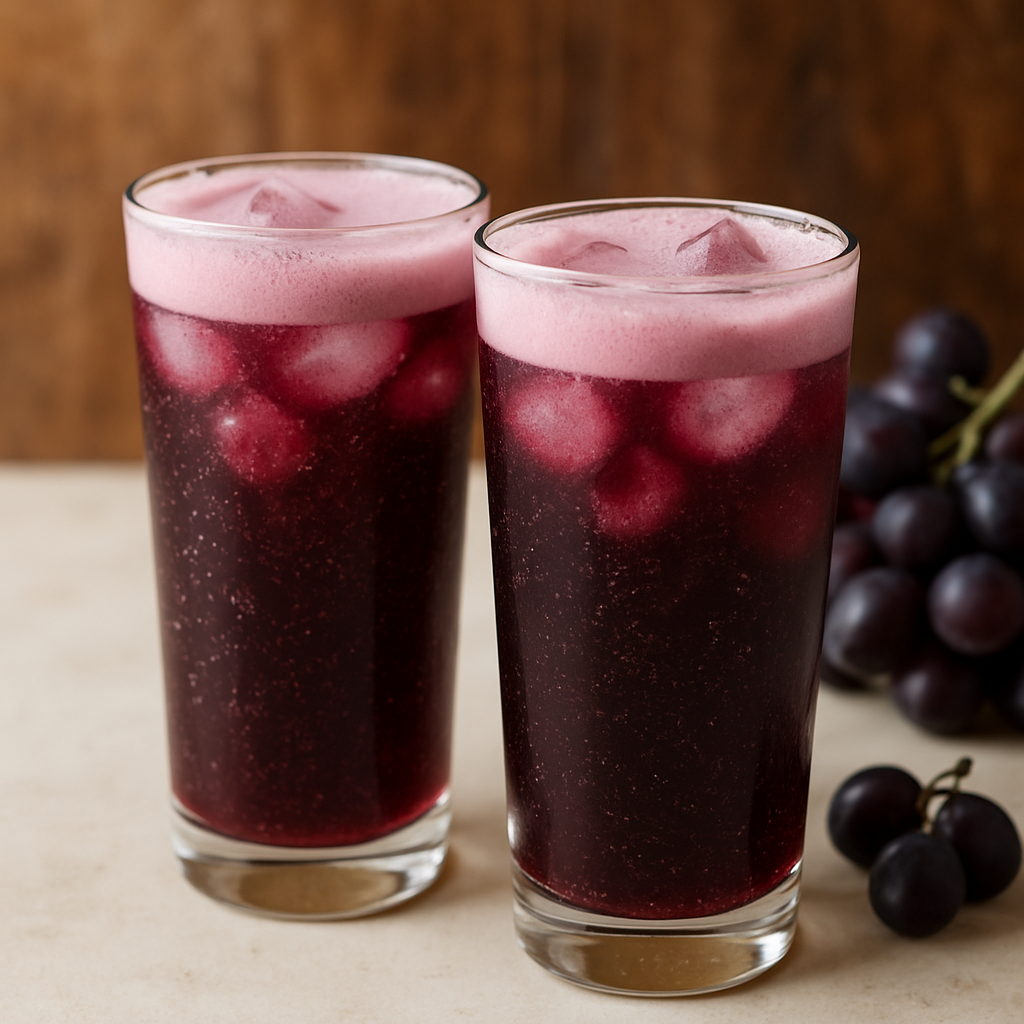 dois copos de suco de uva cremoso gelado com espuma e bolhinhas de gás, servidos em copo transparente