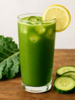 Suco verde detox refrescante em copo alto com gelo, limão e couve ao fundo