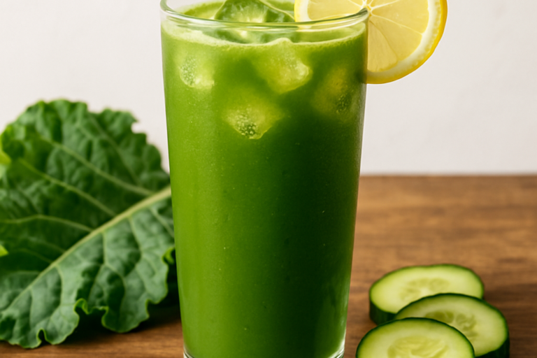 Suco verde detox refrescante em copo alto com gelo, limão e couve ao fundo