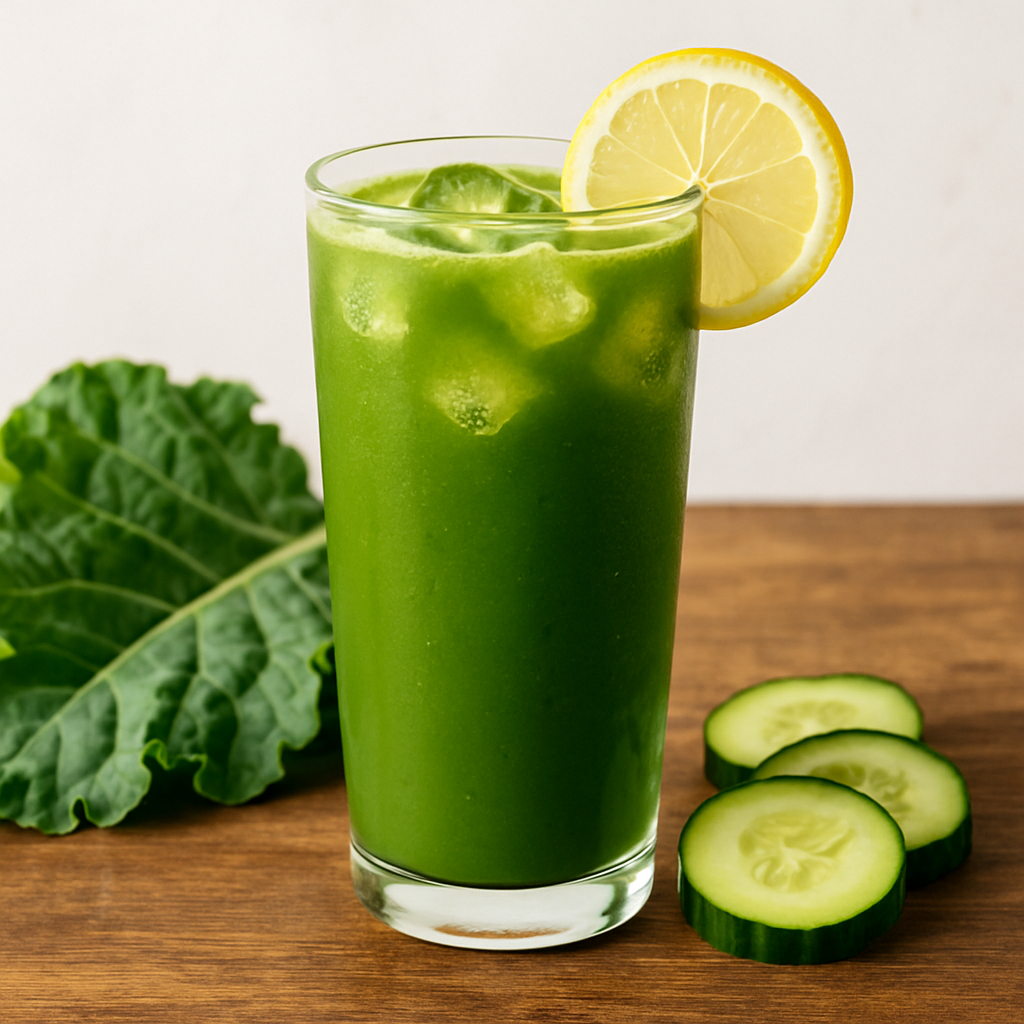 Suco verde detox refrescante em copo alto com gelo, limão e couve ao fundo