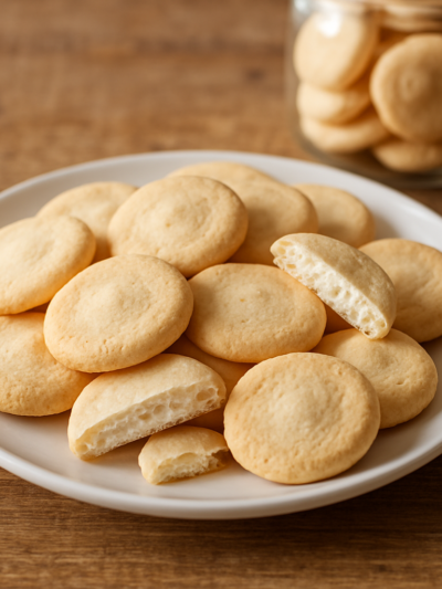 Suspiros de araruta sem glúten dispostos em prato branco, crocantes e levemente dourados