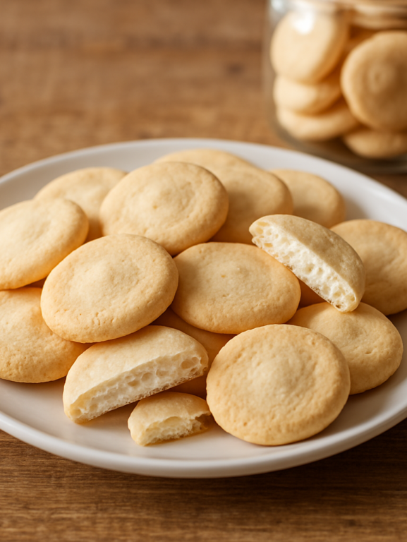 Suspiros de araruta sem glúten dispostos em prato branco, crocantes e levemente dourados