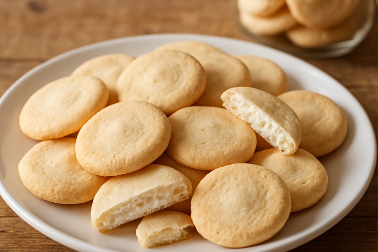 Suspiros de araruta sem glúten dispostos em prato branco, crocantes e levemente dourados