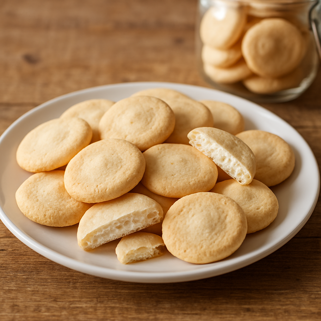 Suspiros de araruta sem glúten dispostos em prato branco, crocantes e levemente dourados