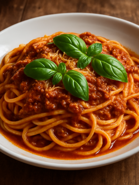 Talharim da Dna Benta com molho de carne moída, manjericão fresco e parmesão ralado em prato branco