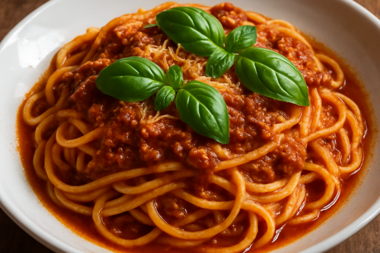 Talharim da Dna Benta com molho de carne moída, manjericão fresco e parmesão ralado em prato branco