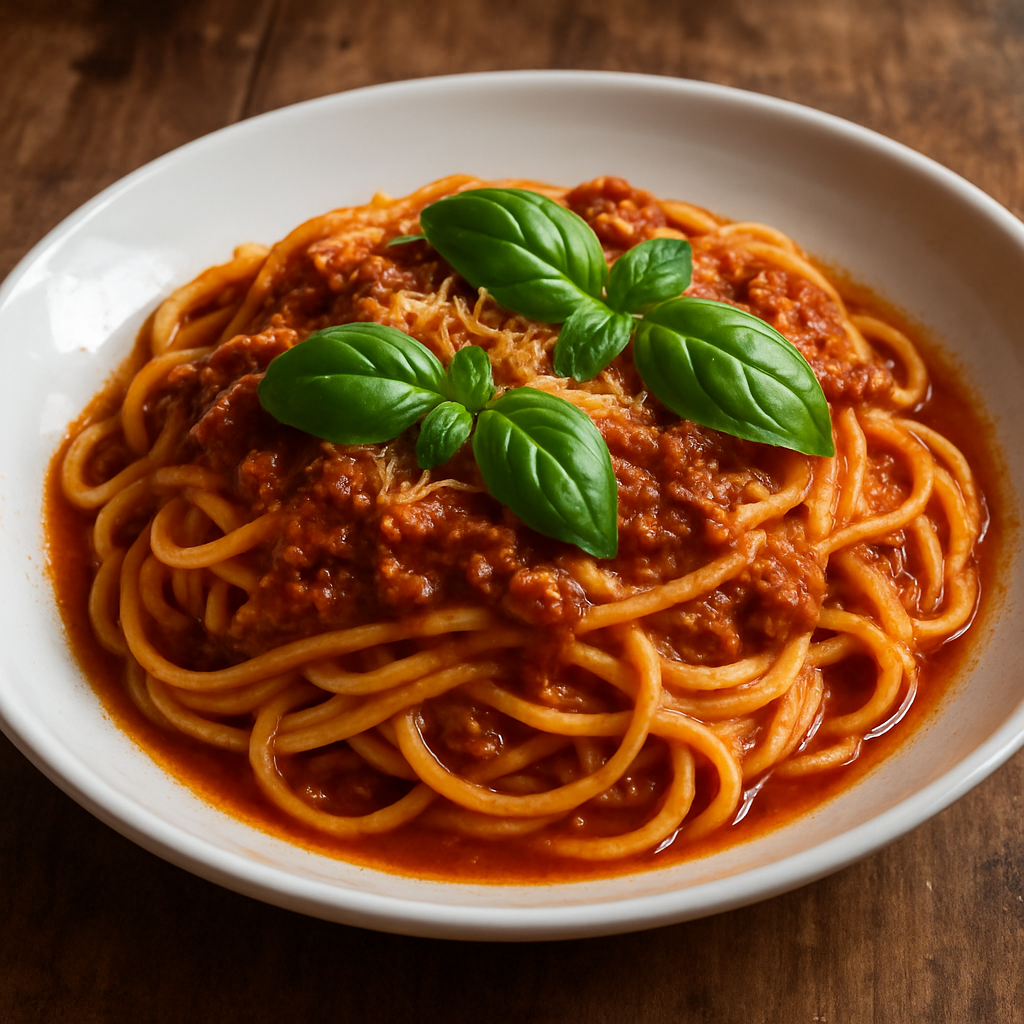 Talharim da Dna Benta com molho de carne moída, manjericão fresco e parmesão ralado em prato branco