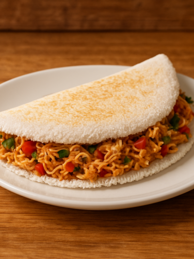 tapioca sem açúcar para almoço recheada com frango cremoso e pimentão em prato branco