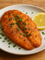 filé de tilápia na air fryer dourado e crocante com tempero de páprica e salsa fresca em prato branco