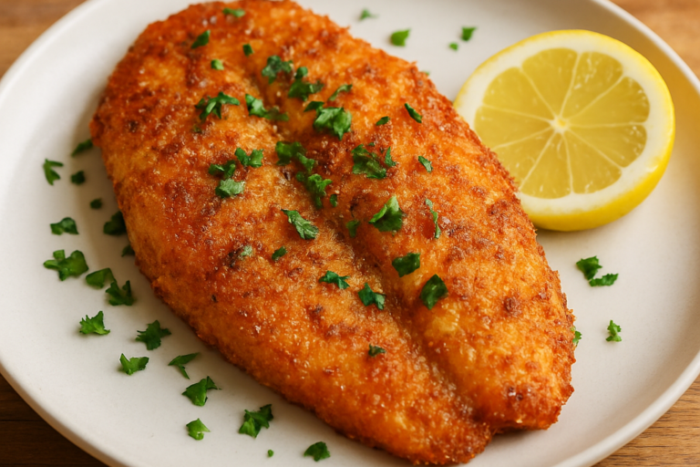 filé de tilápia na air fryer dourado e crocante com tempero de páprica e salsa fresca em prato branco