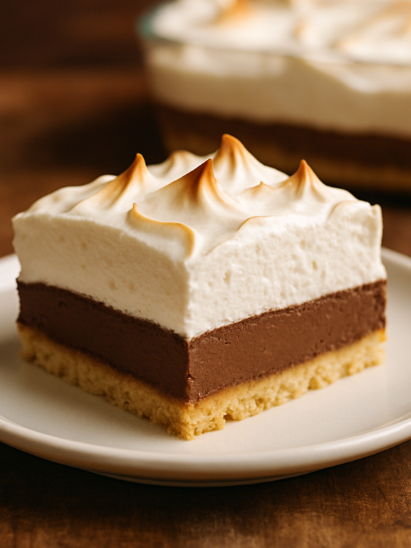 Fatia de torta cassata cremosa com camadas de creme, chocolate e merengue em prato branco