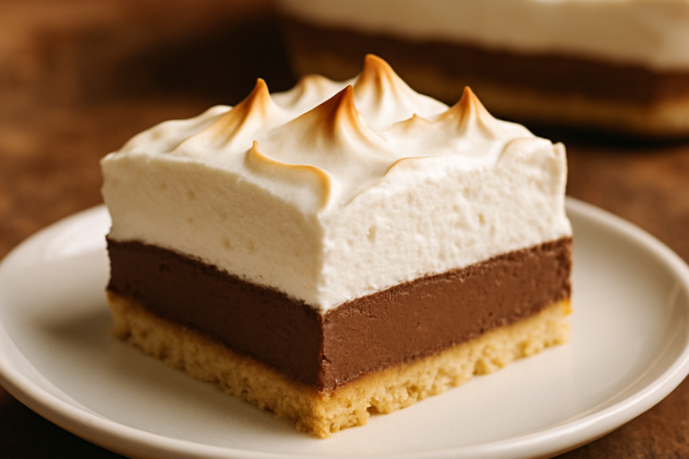 Fatia de torta cassata cremosa com camadas de creme, chocolate e merengue em prato branco