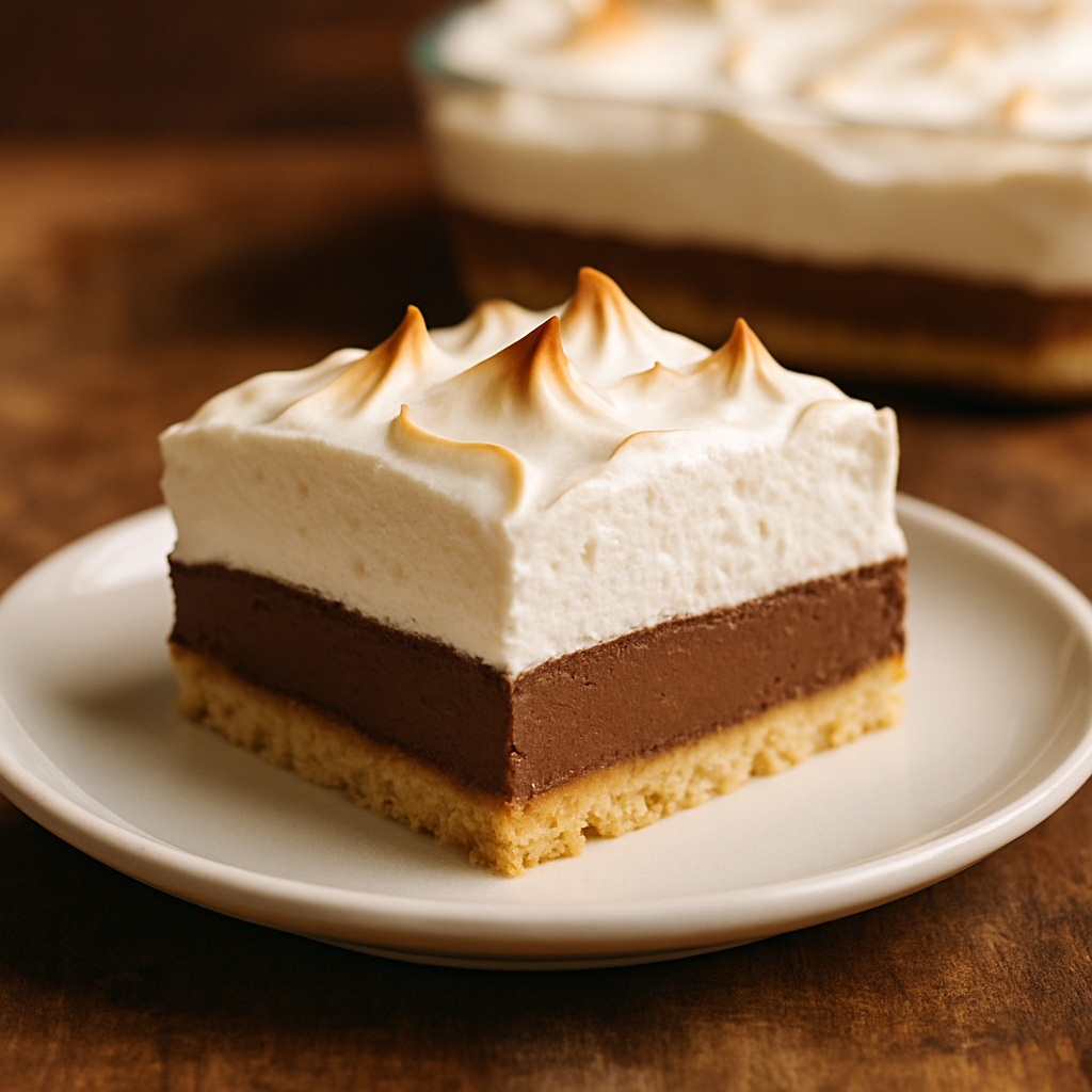 Fatia de torta cassata cremosa com camadas de creme, chocolate e merengue em prato branco