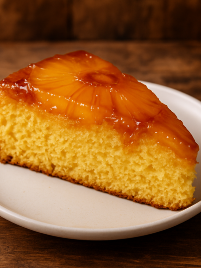 Fatia de torta de abacaxi caramelizada com calda dourada e massa fofa em prato branco
