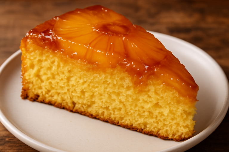 Fatia de torta de abacaxi caramelizada com calda dourada e massa fofa em prato branco