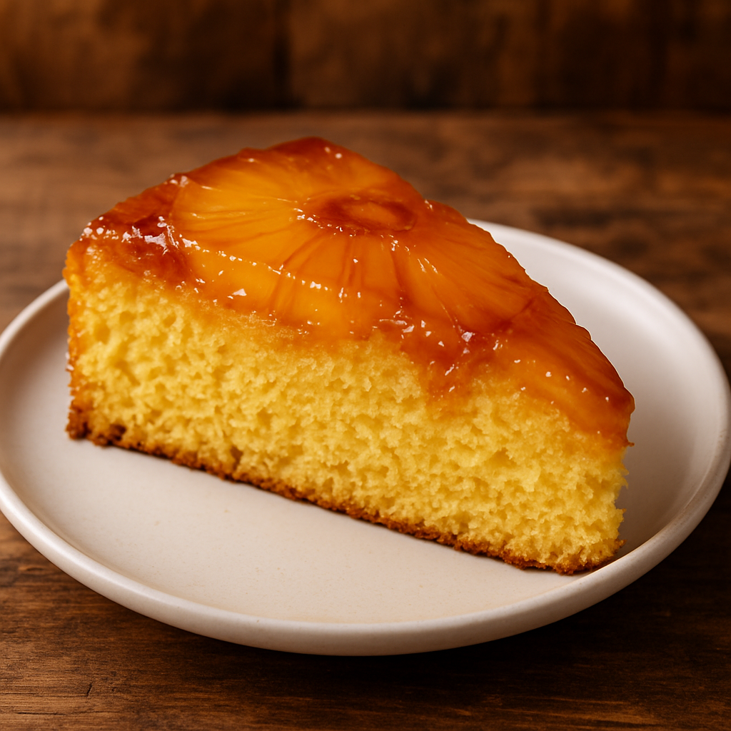 Fatia de torta de abacaxi caramelizada com calda dourada e massa fofa em prato branco