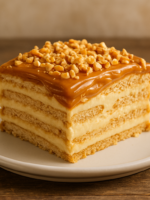 Fatia de torta de amendoim cremosa com cobertura de doce de leite e amendoim granulado