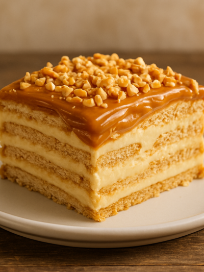 Fatia de torta de amendoim cremosa com cobertura de doce de leite e amendoim granulado