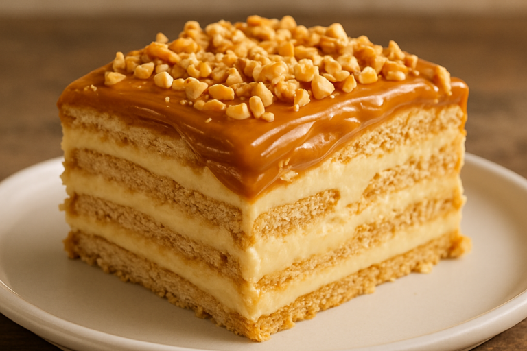 Fatia de torta de amendoim cremosa com cobertura de doce de leite e amendoim granulado