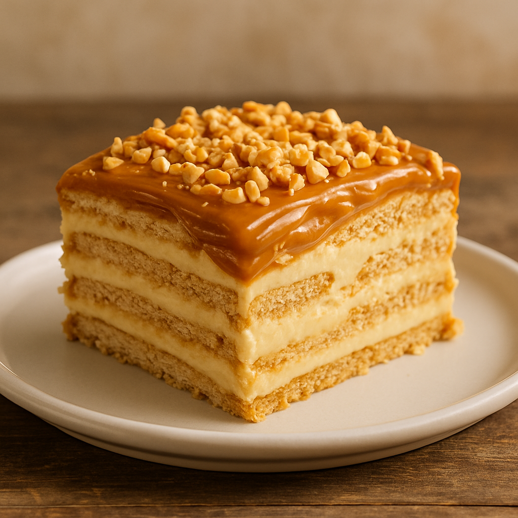 Fatia de torta de amendoim cremosa com cobertura de doce de leite e amendoim granulado