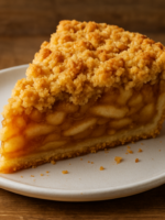 Fatia de torta de maçã simples com farofa crocante dourada e recheio canelado, servida em prato branco