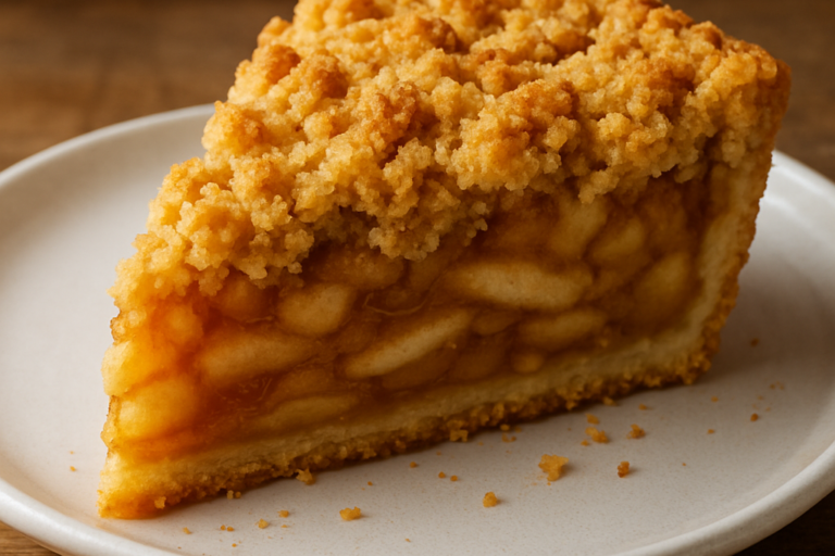 Fatia de torta de maçã simples com farofa crocante dourada e recheio canelado, servida em prato branco