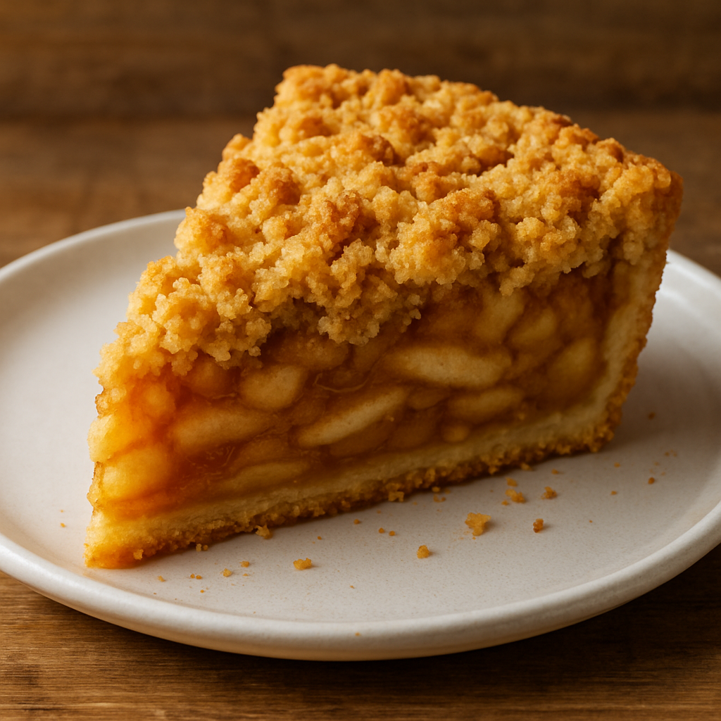 Fatia de torta de maçã simples com farofa crocante dourada e recheio canelado, servida em prato branco