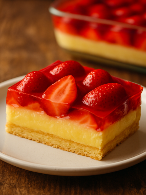 Torta de morango deliciosa fatiada mostrando camadas de massa, creme e cobertura de gelatina com morangos frescos