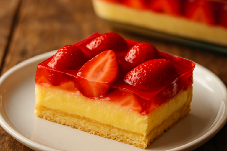 Torta de morango deliciosa fatiada mostrando camadas de massa, creme e cobertura de gelatina com morangos frescos