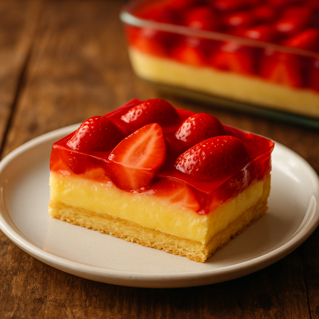 Torta de morango deliciosa fatiada mostrando camadas de massa, creme e cobertura de gelatina com morangos frescos